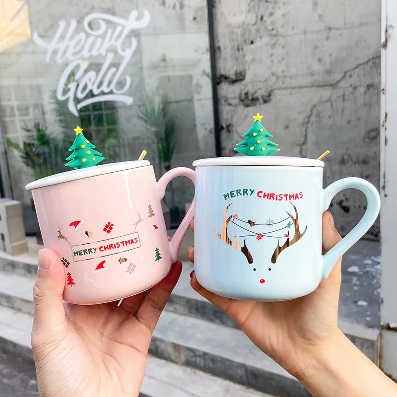 

Merry Christmas Coffee Cup Fresh Color Christmas Tree Gift Ceramic Mug with Cover and Spoon Mug Set Water Mug