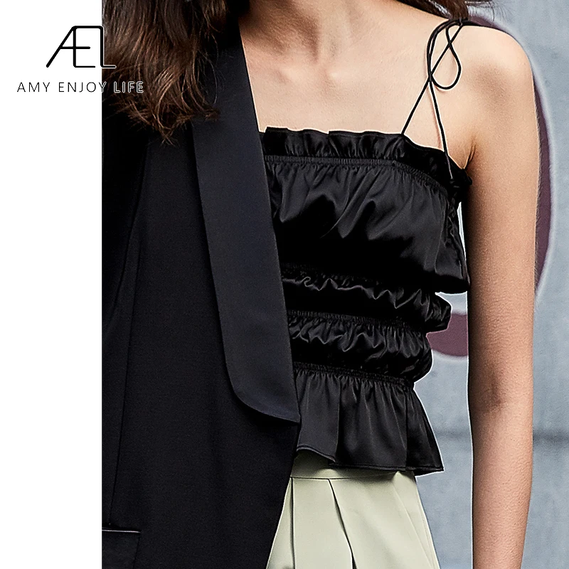 AEL black halter top women summer sexy ruffle tank tops Sleeveless Sleeveless Camisole slim Female Smocked top Clothing