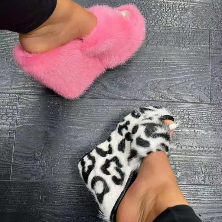2022 Autumn New Women Round Head Wedges with Mink Fur Slippers Feminine High-heeled Fur Drag Outdoor All-match Shoes Slippers