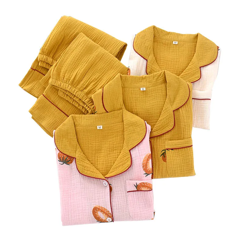 2020 Spring New Ladies Pajamas Set Sweet Strawberry Printed Women Turn-Down Collar Sleepwear Comfort Gauze Cotton Loose Homewear