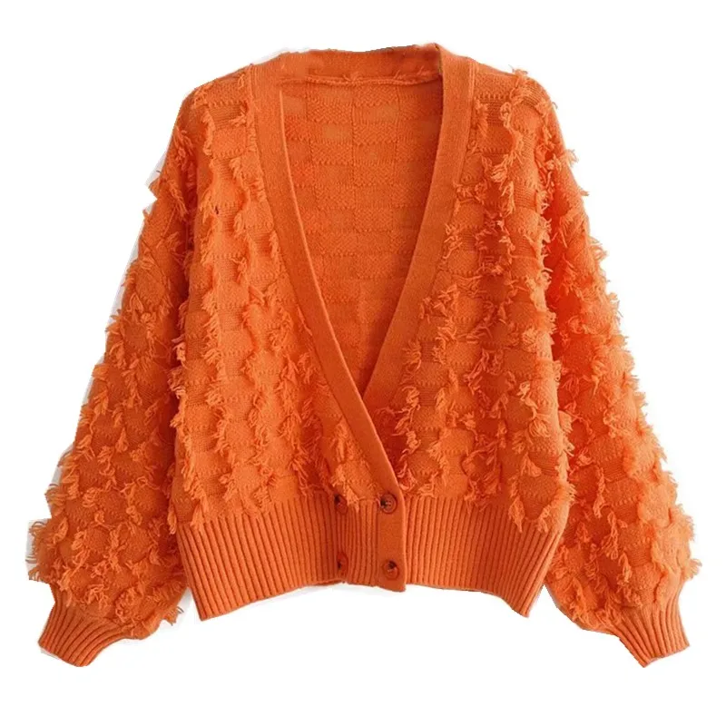 Новинка 2019 вязаный кардиган с 3D кисточками оранжевый женский осенний двубортный