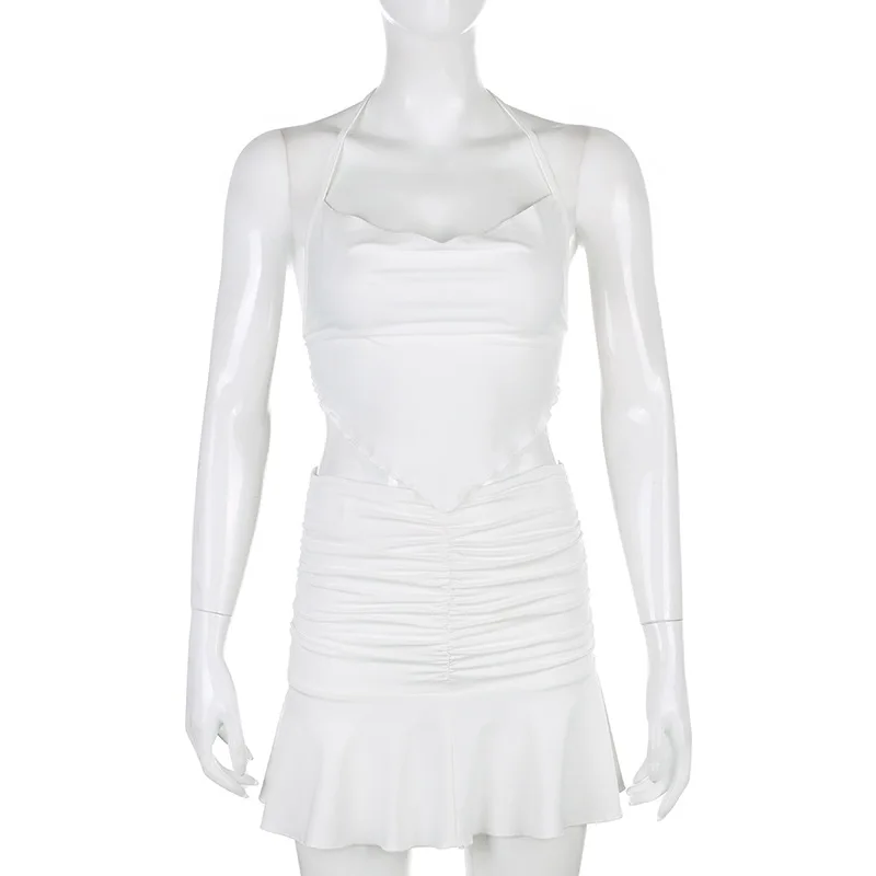 

BOOFEENAA Sexy 2 Piece Sets Womens Outfits Night Out Club Wear Summer Y2k White Halter Crop Top Mini Skirt Matching Sets C83BE17