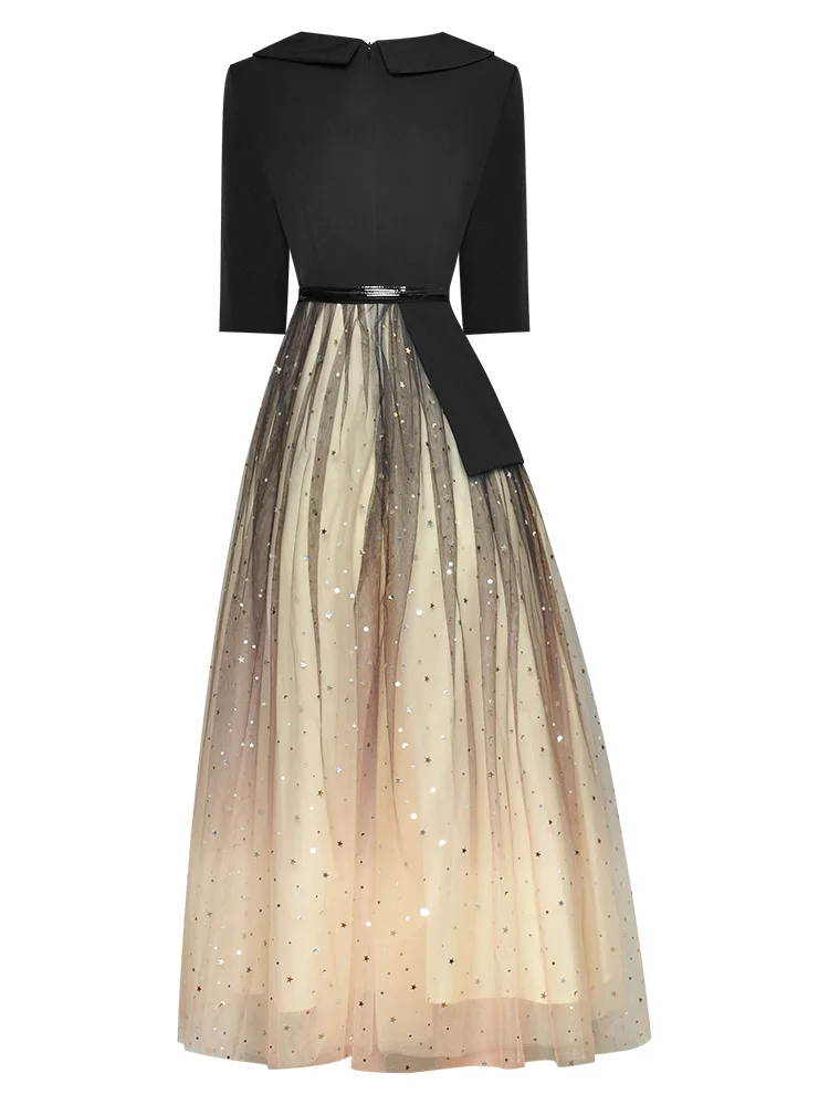 

EXCELLENT QUALITY Fashion 2021 Designer Runway Collar Five-Point Sleeve Gauze Patchwork Dress