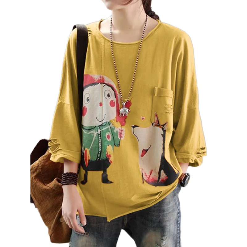 

VICABO Fashion Women Tshirt Cartoons Printed Round Neck Hole Full Sleeve Pocket Clothes Casual Plus Size Ladies Graphic Tees#t#k