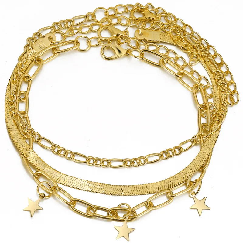 

2021 New 3 pcs/set Geometric Multilayer Five-pointed Star Anklets Women Fashion Barefoot Chain Jewelry