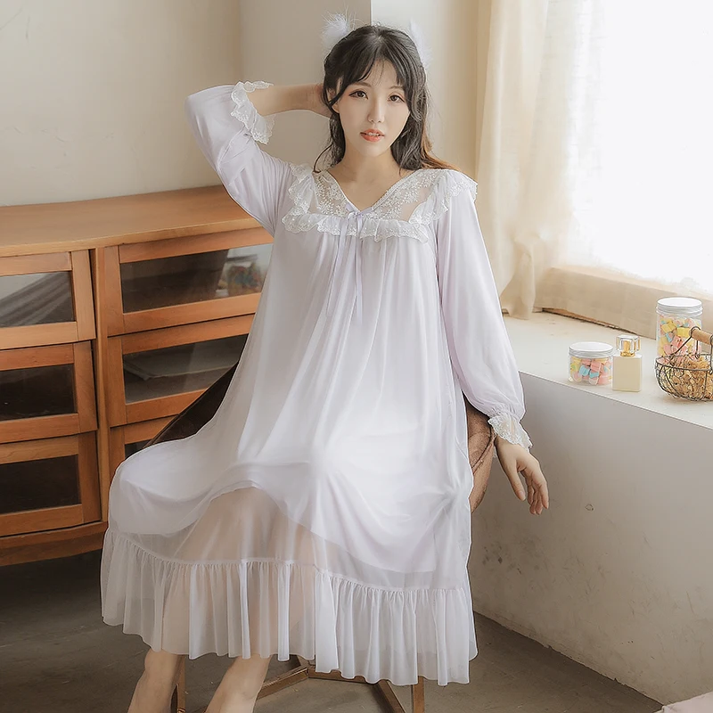 

Fairy Nightdress 2021 Spring Sweet Lace Mesh Modal Sleeping Dress Long Sleeve Court Princess Style Nightgown New Girlfriends