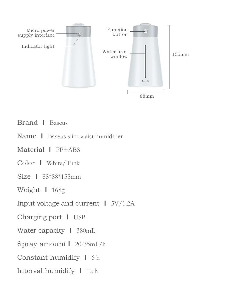 Baseus увлажнитель воздуха диффузор Difusor Humidificador для дома и офиса автомобильный Ароматический диффузор увлажнитель воздуха с цветным вентилятором светильник