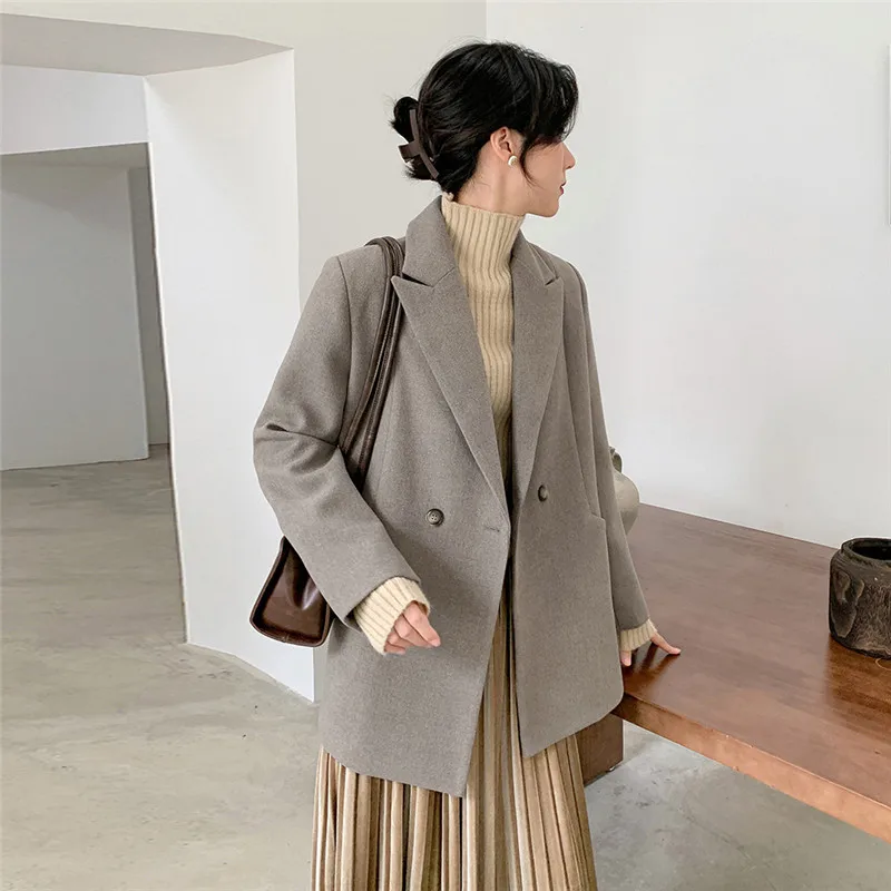 

Autumn And Winter New Simple And Fashionable Solid Color Long Sleeved Mid Length Double Breasted Woolen Suit Jacket Female C206