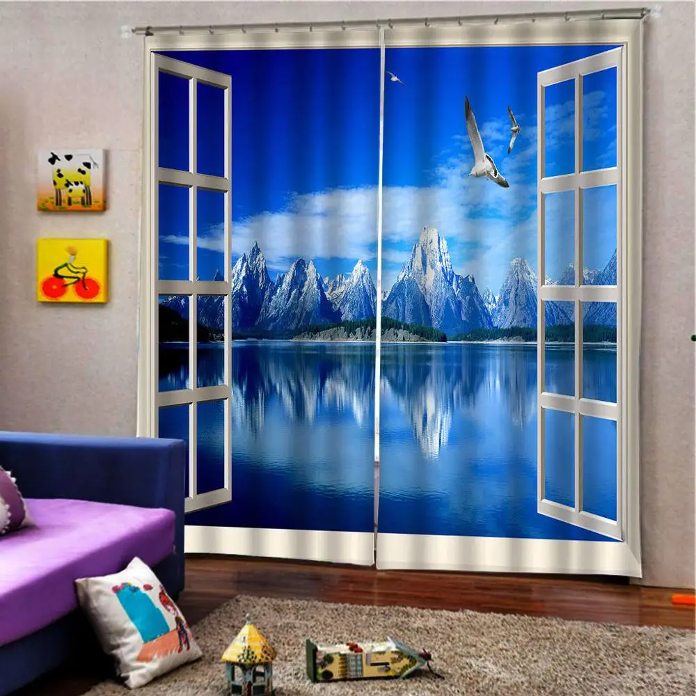 

Modern Style Living Room Curtain Window lake mountain Scenery Photo Curtains Custom Ready Made Curtains