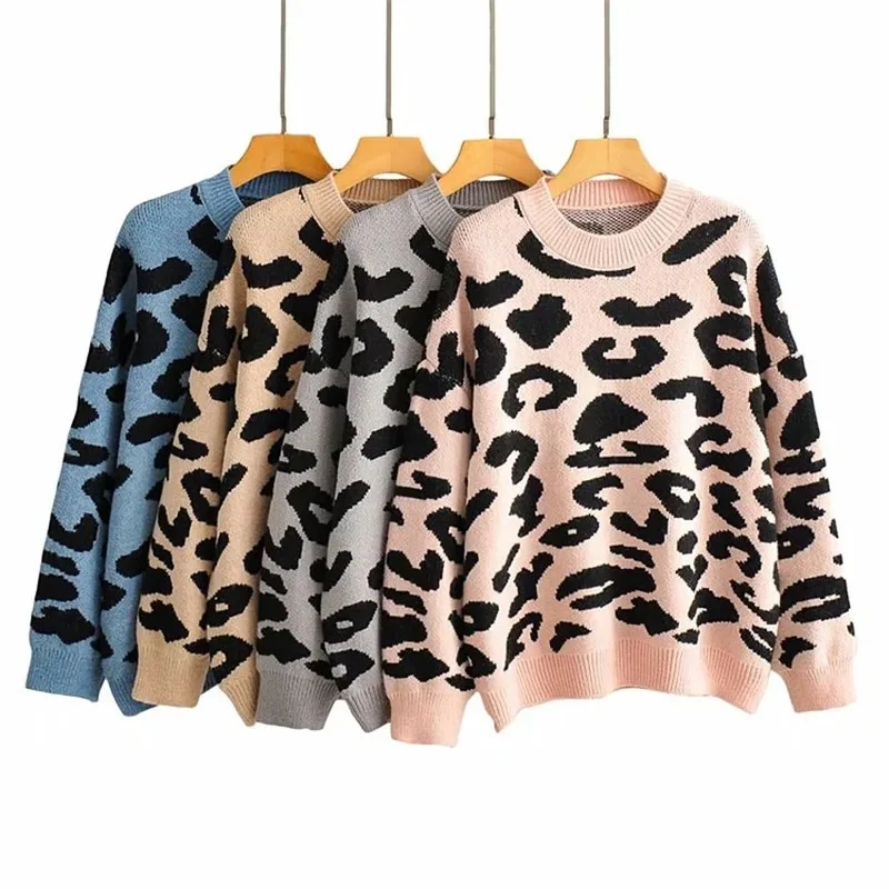 

2020 autumn and winter new women's fashion casual simple round neck sweater leopard jacquard slimming sweater outer wear base