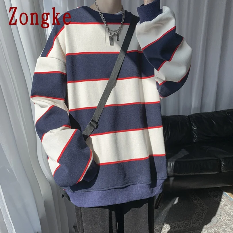 

Zongke Striped Vintage Sweatshirts For Men Pullover Clothing Japanese Streetwear Men Sweetshirts Harajuku Tops 5XL 2021 New