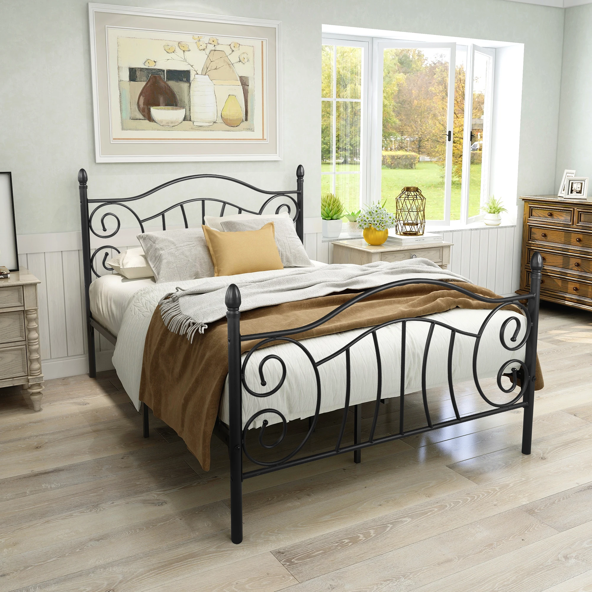 Metal Platform Mattress Foundation With Headboard&footboard Easy Assemble Black[us-stock]