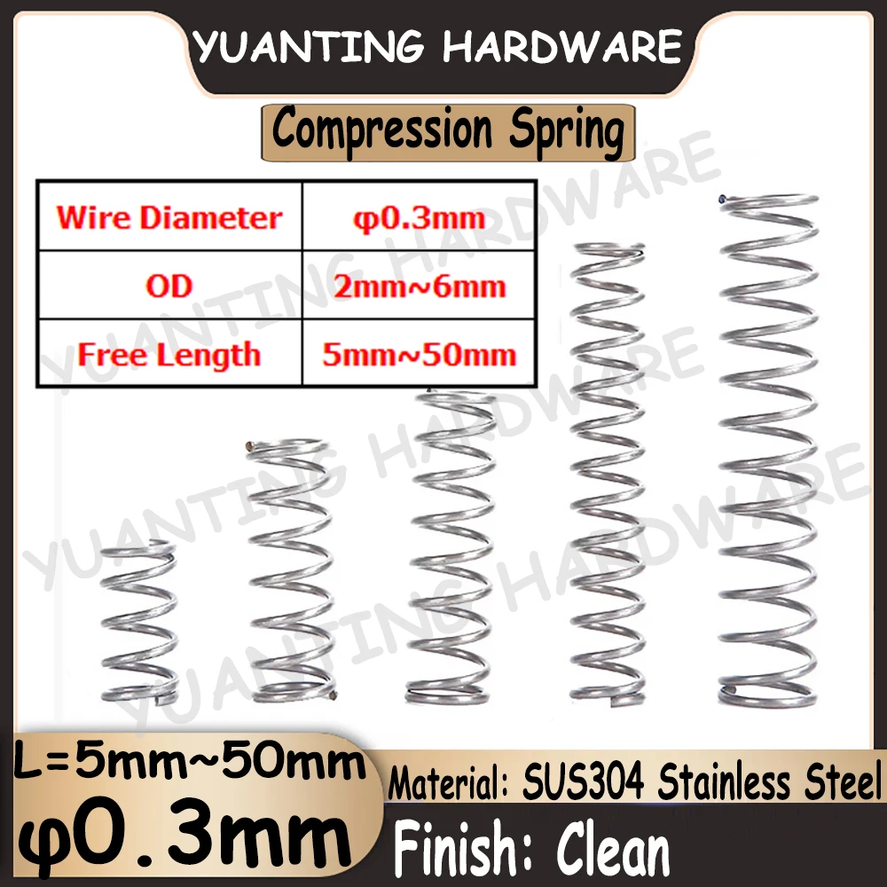 

10Pcs SUS304 Stainlless Steel Tiny Compression Spring Wire Diameter 0.3mm OD 2mm~6mm Free Length 5mm~50mm