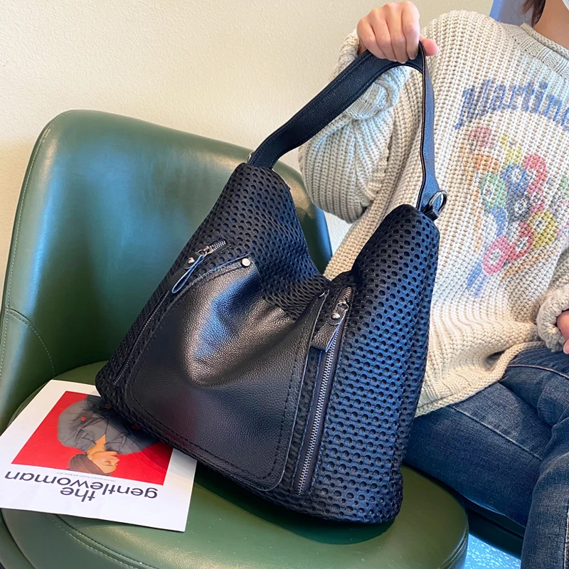 

Large Capacity 37cm Shopper Bag for Women Top Handle Tote Bag Fashion Shoulder Bolsa Net Fabric Leather Handbag Shoulder Sac