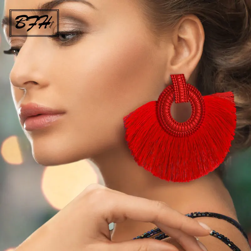 

BFH Fashion Bohemian Big Tassel Earrings Statement Red Tassel Vintage Silk Fabric Drop Dangle Earring for Women 2019 Jewelry