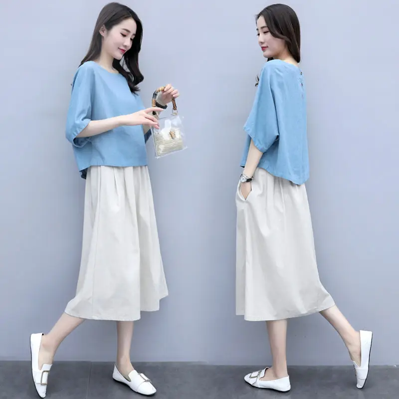

Cotton Linen Two Piece Set For Women 2021 Summer New Fashion Korean Short Sleeve Tops And Elastic Waist Skirt Female Suit aq341