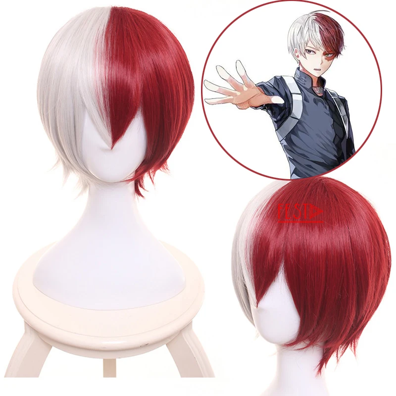 My Hero Academia Shoto Todoroki Cosplay Wig Short Red White Ear Hairpins Boku No Hair + Free Cap Woman Man | Тематическая одежда и