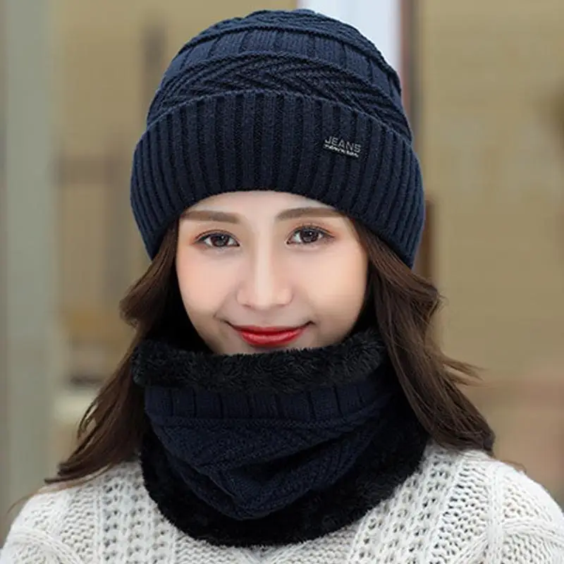 

2pcs Velvet Warm Earmuffs Knitted Wool Hat and Scarf Sets Lady Autumn Winter Cycling Cap Accessories Beanies Warm Fleece Cap