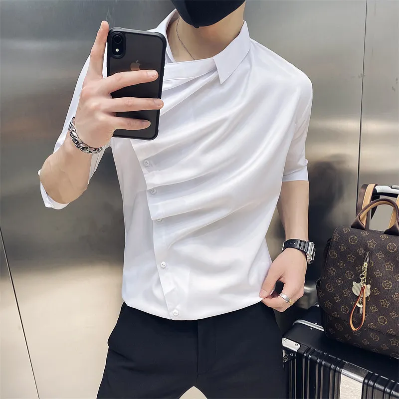 

Мужская рубашка с коротким рукавом, Повседневная облегающая летняя рубашка со складками, смокинг для выпускного вечера, 2021