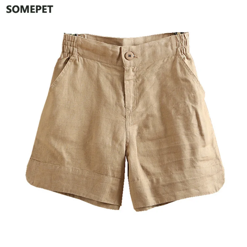 

Women Summer Fashion Korea Style Solid Color Wide Leg High Quality Cotton Linen Short Office Lady Casual Loose Harajuku Shorts
