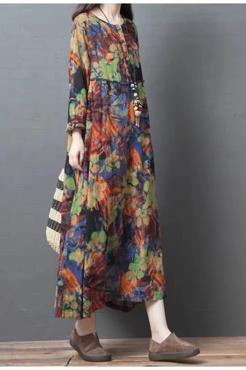 

COIGARSAM Vintage Full Sleeve Women dress New Spring Print Cotton Linen Dresses 8590
