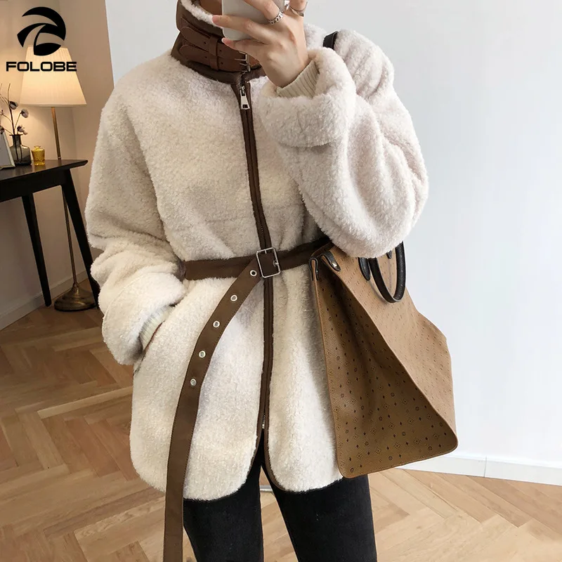 

FOLOBE 2020 Women Winter Korean Lambwool Coat Padded Cotton Long Sleeve Leather Belt Thicker Wool Coat Jacket Keep Warm Outwear