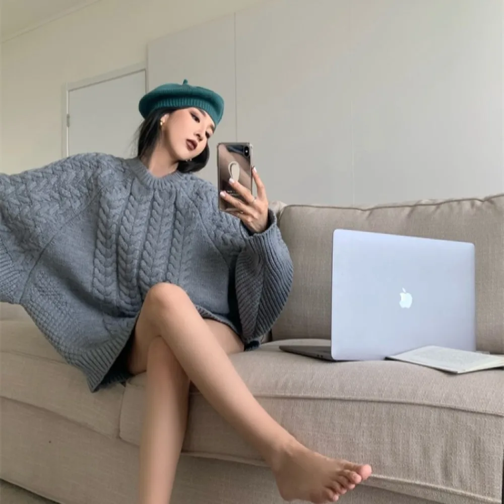 

Женский Повседневный свободный свитер YRZS с вырезом лодочкой и рукавами-фонариками, повседневный однотонный вязаный пуловер