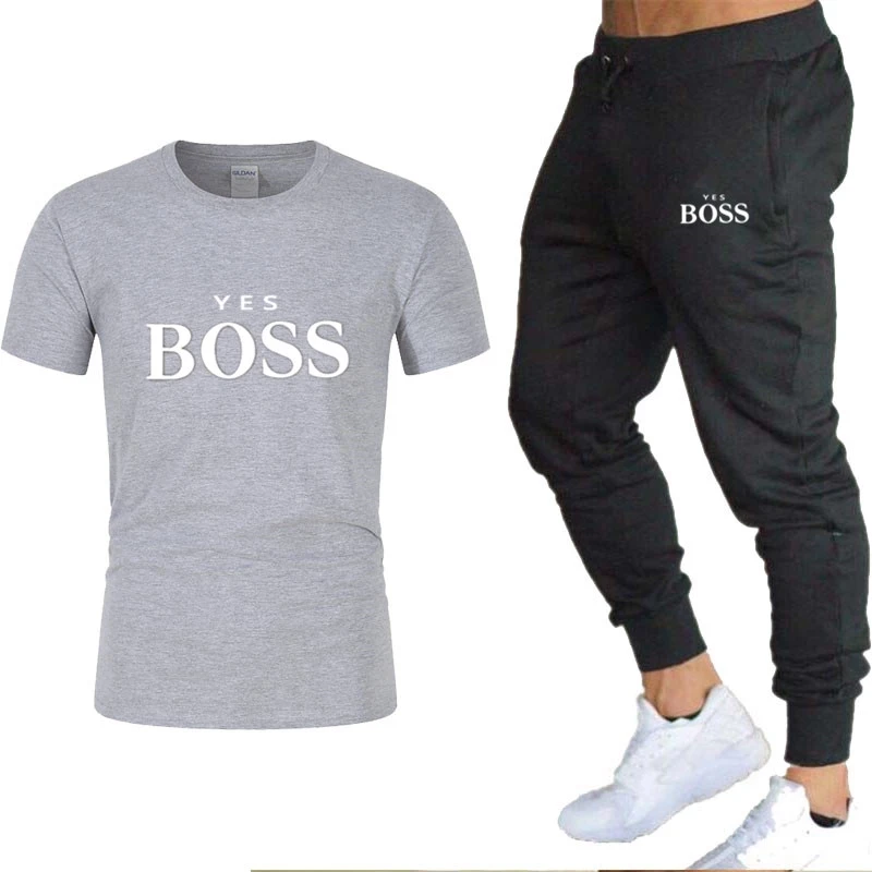 

Brand free home delivery Men's Leisure Brand Tracksuit Set Short Sleeve T-shirt and Pants Summer Breathable Cotton 2 Piece Set