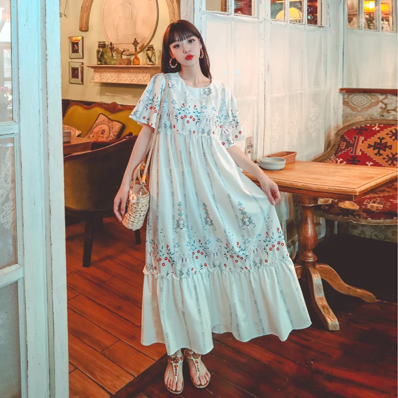 

2021 Newest Summer Fashion Layered Pleated Swing Floral Printed Long Dress Elegant Muslim Arabian Oman Puff Sleeve Loose Dresses