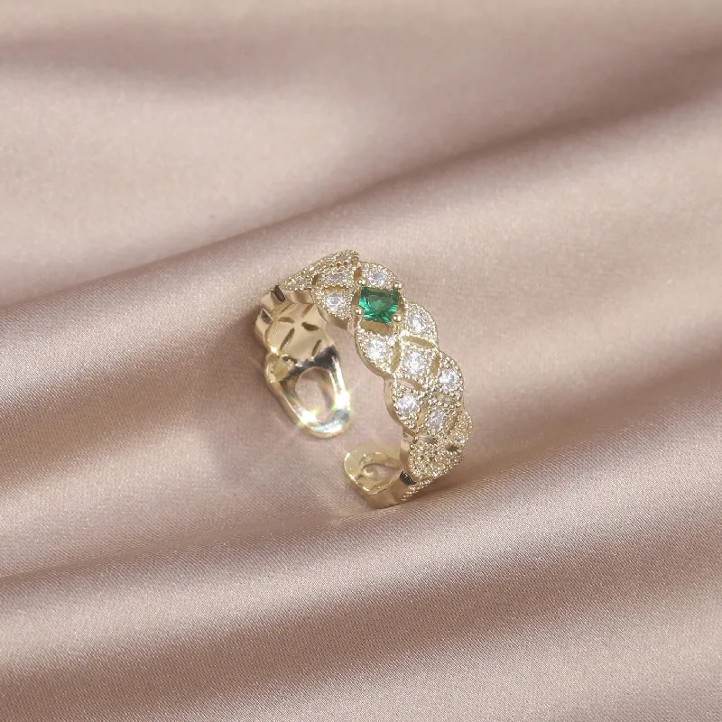 

Korean new fashion jewelry 14K real gold plating green fan-shaped zircon ring elegant women's prom party opening adjustable ring