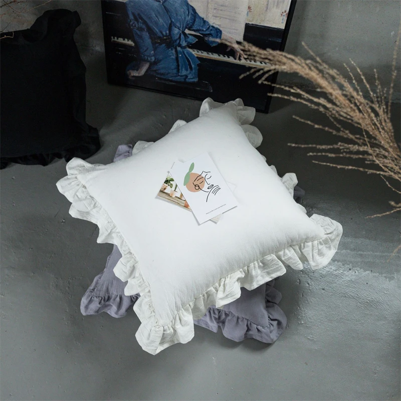 Ins Wind Ruffle Cushion Cover Solid Color Pillowcases Cotton Sofa Car Home Decorative Pillow Cover Princess Girl Room Decoration