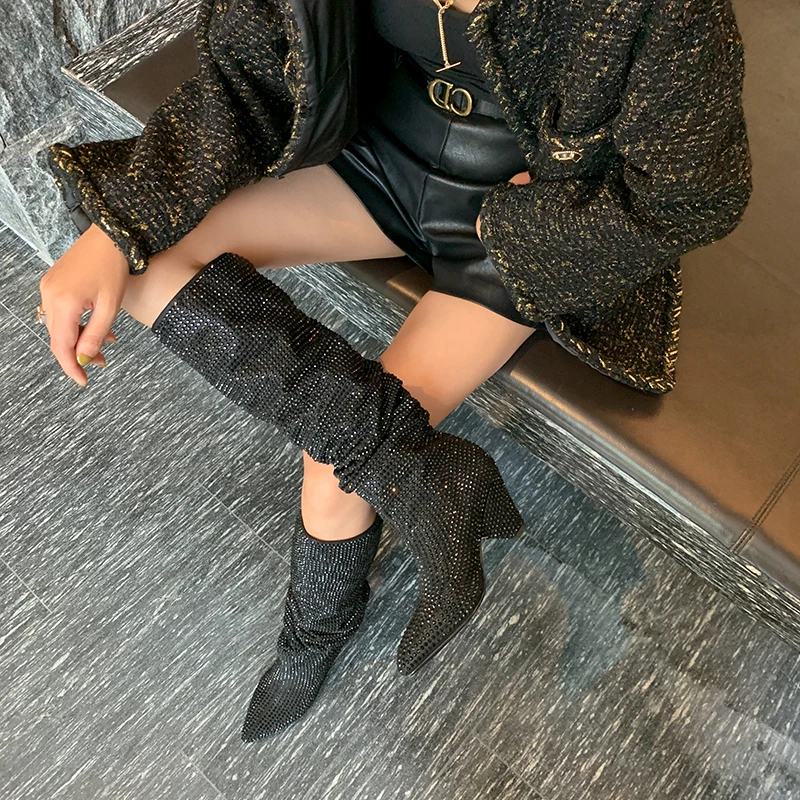 

Rhinestone knee women's boots Winter women's boots pointed toe high-heeled fashion boots warm Cowgirl wedges Motorcycle Boots 40
