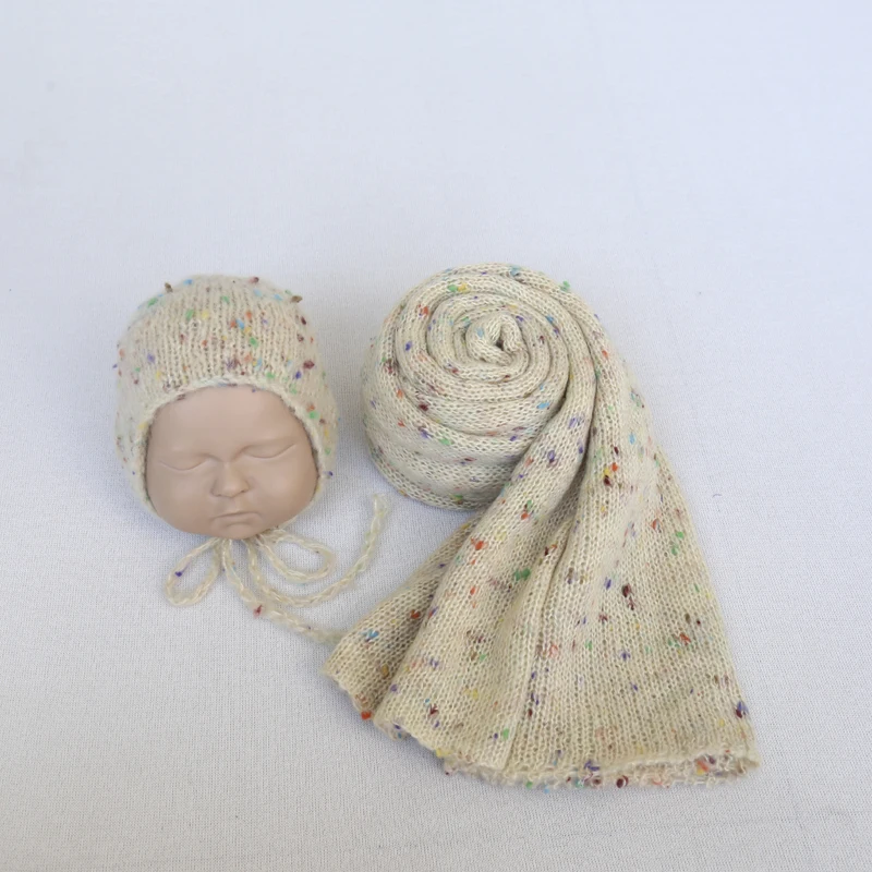 New mohair color dots wrap and knit bonnet newborn photo prop handmade baby sweater hat sets shoot | Детская одежда и обувь