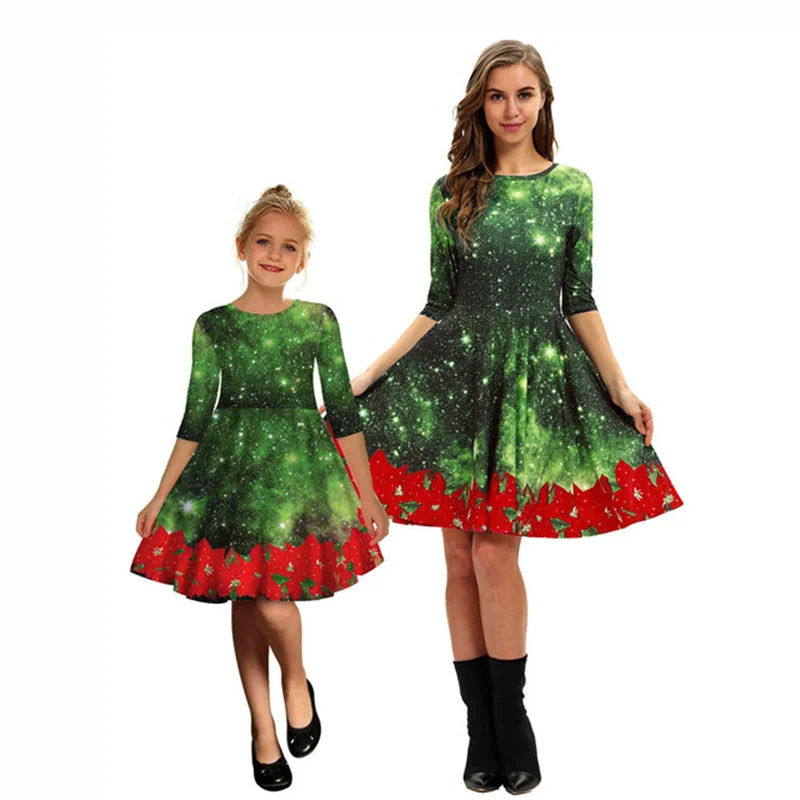 Christmas Plaid Print Dress Family Matching Clothes Mom And Daughter Cotton Snowflake Dresses For Mommy And Me Clothes images - 6