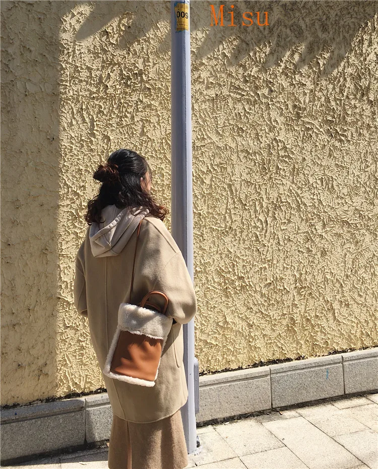 

Winter new wool splice women bucket bag Korean style Ladies handbag Fashion soft pu leather shoulder bag for female totes small