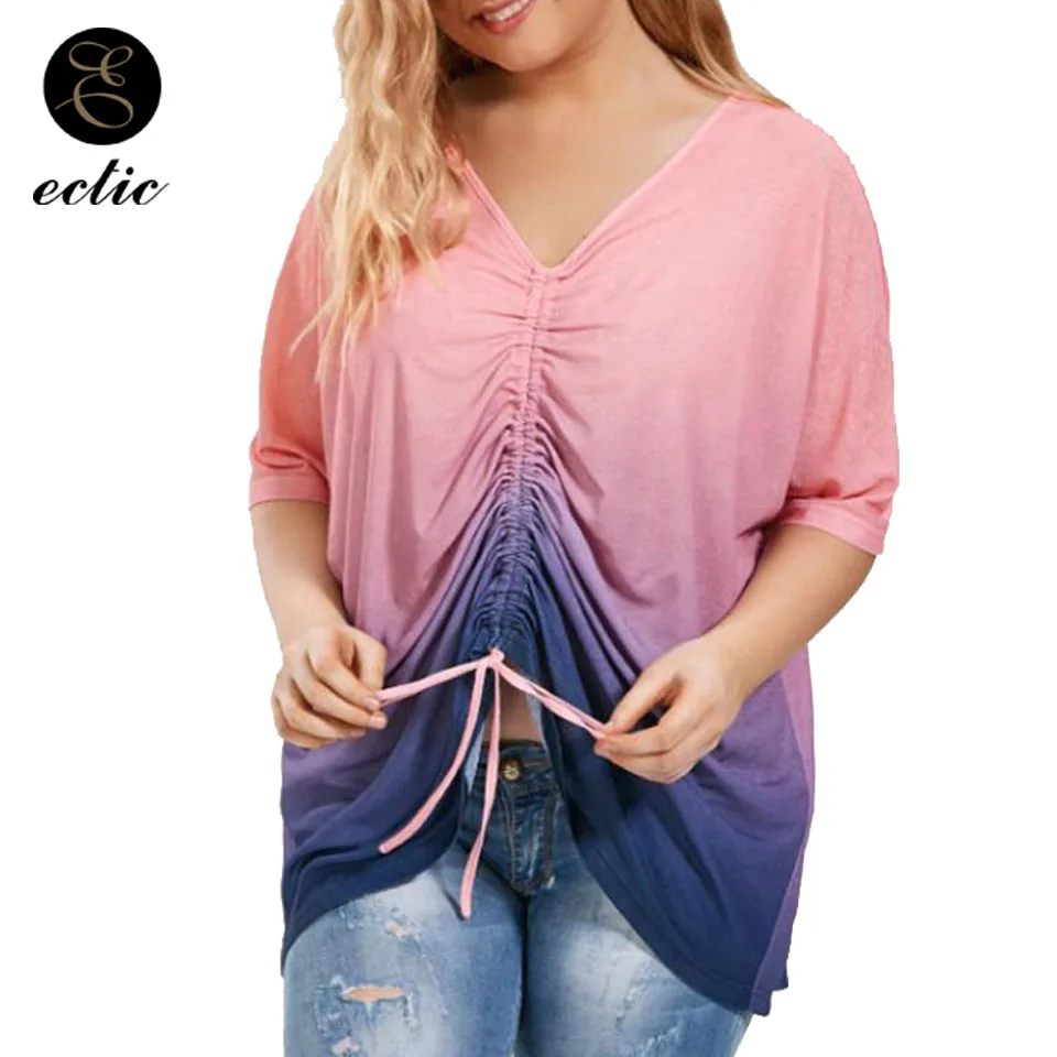 

Gradient Tie Dye Tshirts Women Plus Size 100kg 5xl Vetement Femme 2021 Bluz Knot Top Fashion V Neck Pastel Dames T Shirt Casual