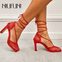 summer gladiator shoes thick high heels women sandals mesh breathable square toe ankle strap size 35 42 hollow sandals stiletto
