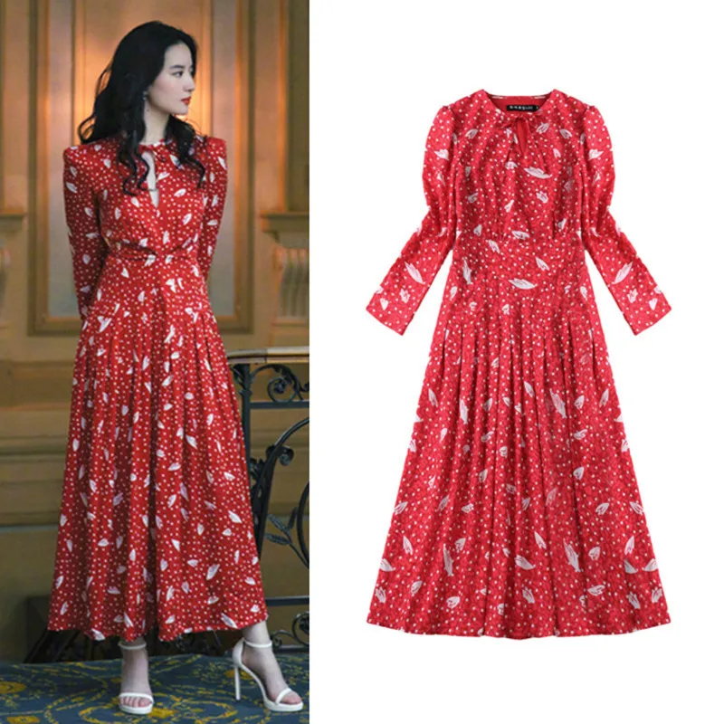 

2021 star Liu Yifei same dress with female red floral collar long sleeve close Waist Chiffon Dress