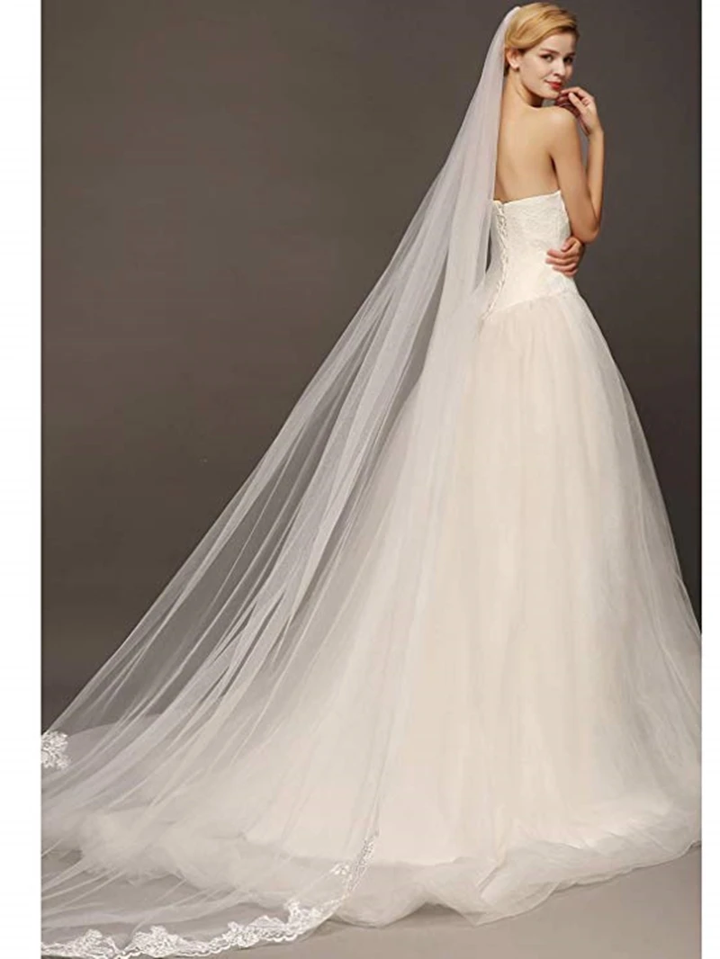 

FAST Shipping Voile Mariage Sequins Lace Edge Cathedral Long Wedding Veil With Comb Face Covered Tulle Bridal Veil Veu de Noiva