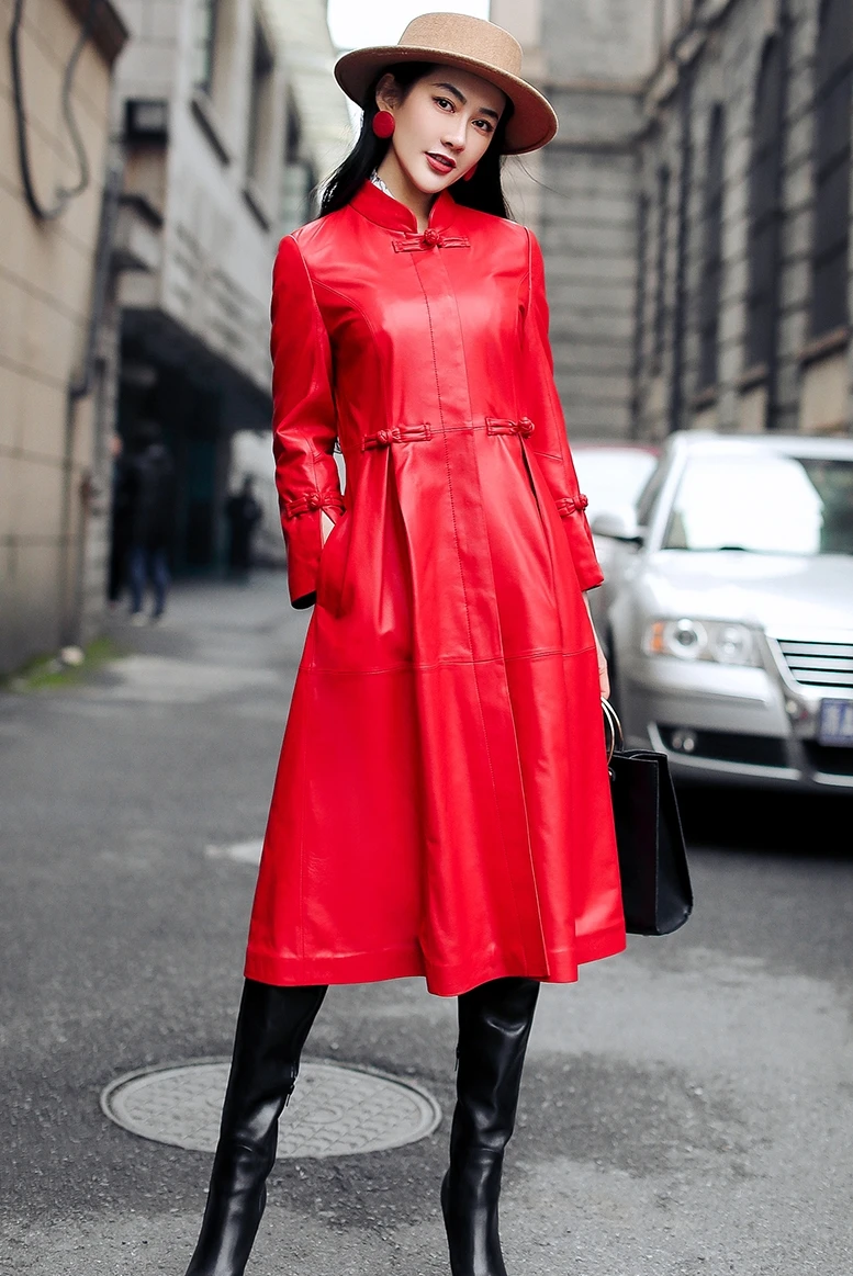 

European spring and autumn 2020 new Haining leather garment women's middle and long waist closing sheep skin windbreaker slim