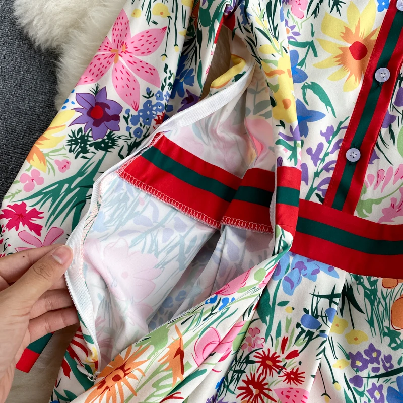 

Women Runway Floral Print Midi Dress 2021 Spring Summer Turn-down Collar Full Sleeve Single Breasted A-line Vintage Party Dress