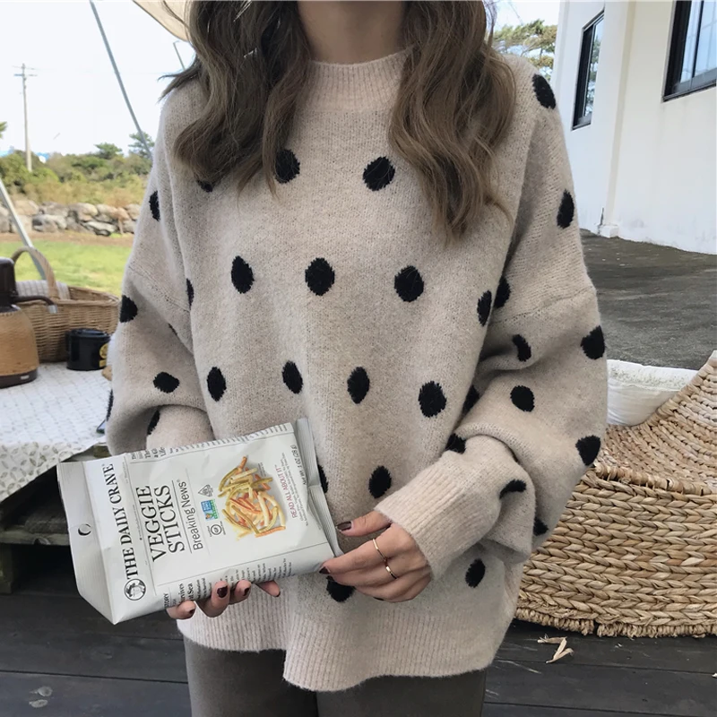 BGTEEVER Chic Polka Dots Print O-neck Women Knitted Sweaters 2019 Winter Oversize Full Sleeve Casual Female Pullover Jumpers | Женская