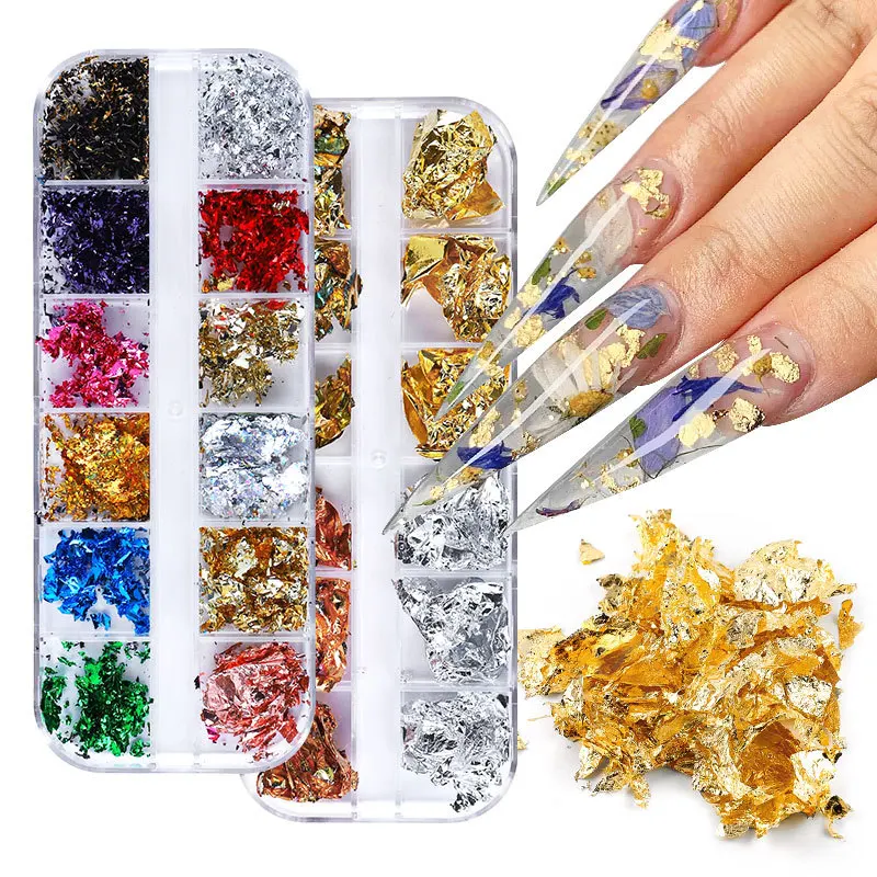 

12 Grid Gold Foils Gorgeous Nails Glitter Flakes Paillette Chip Aluminum Nail Design Shinny Nail Art Decoration Accessories