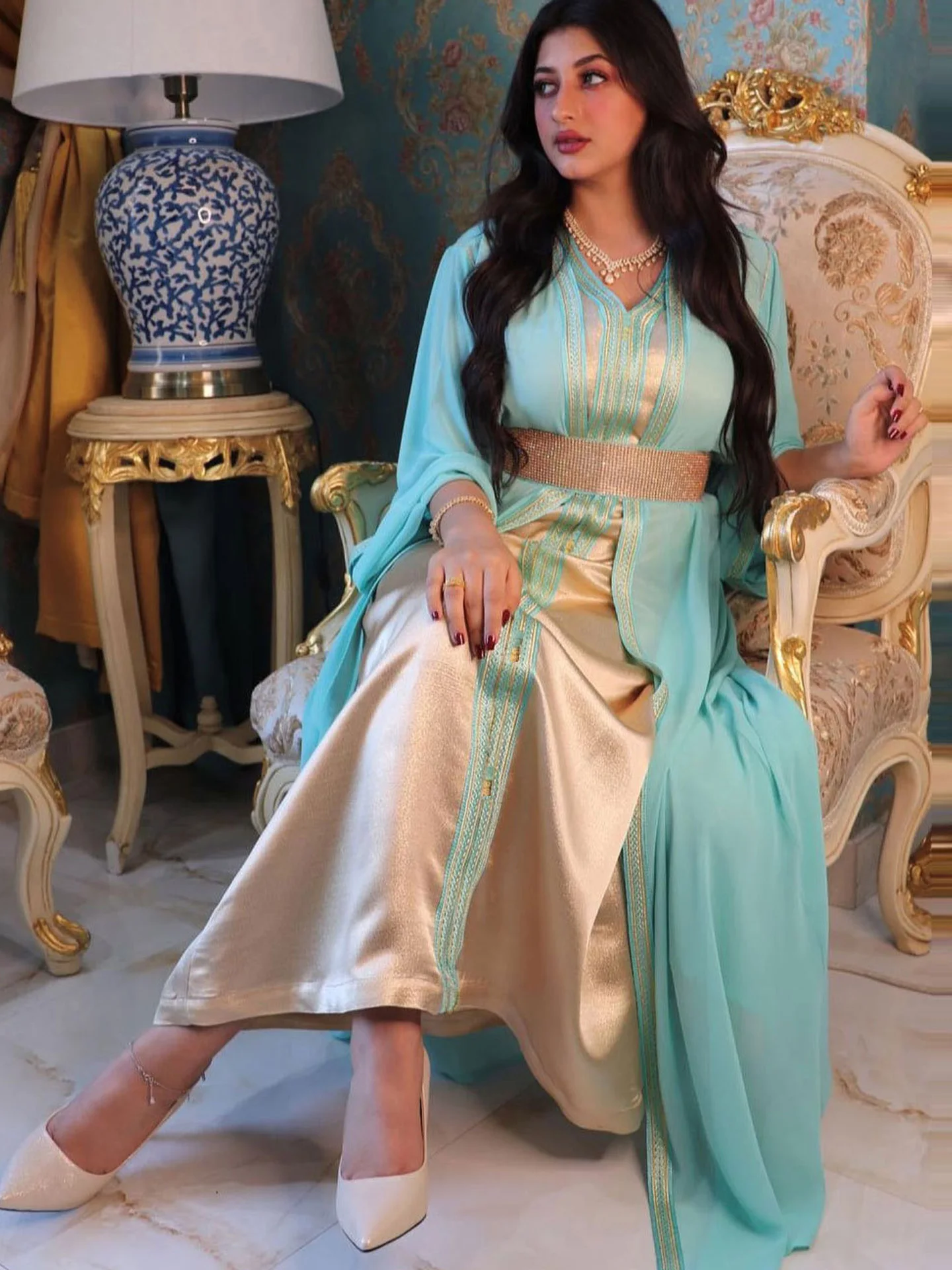 Сарафан из шифона и сатина с бриллиантами марокканская такхита внутреннее