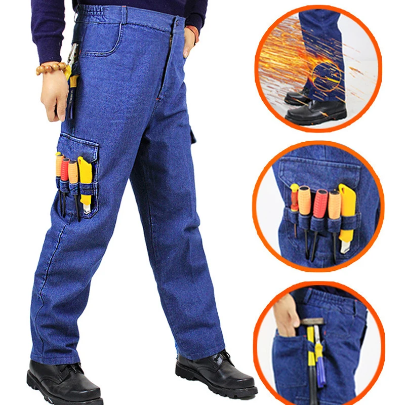Men Work Jeans Denim Tool Working Trouser Anti-scalding Wear-resistant Thicken Multi-pockets Loose Electric Welding Pants | Безопасность