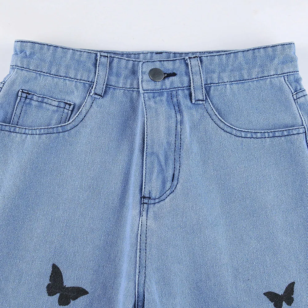 

ZOTTSOZ Butterfly Print Straight Denim Pants Women Casual Street High Waist Hipster Jeans Girls Fashion Harajuku Trousers Female