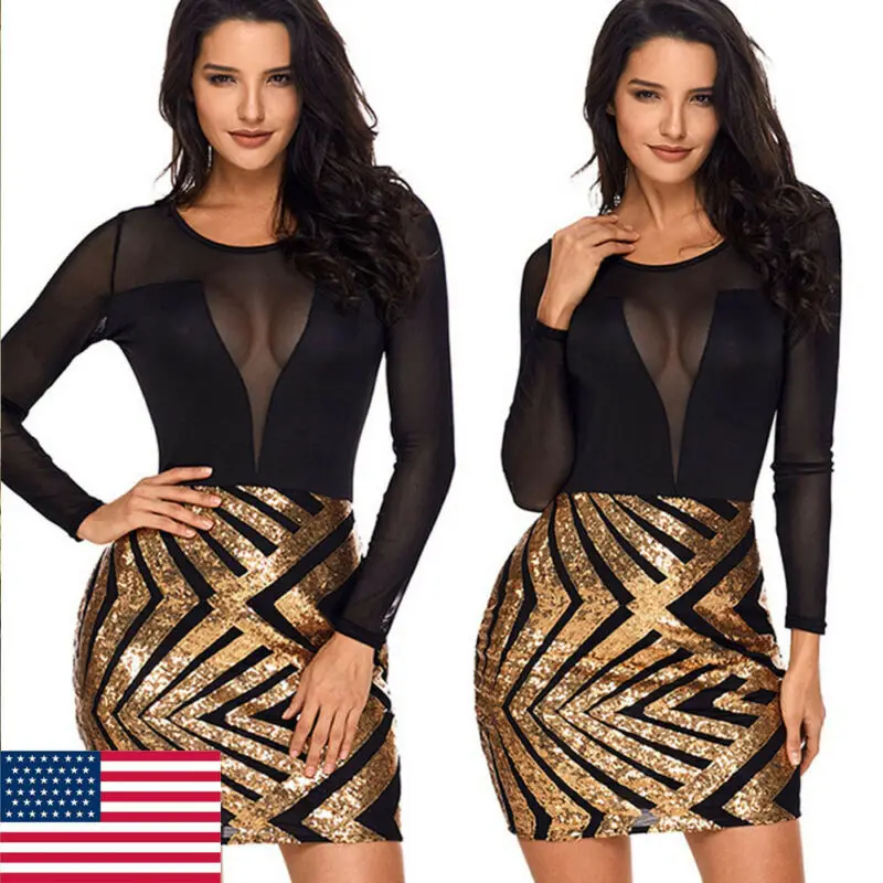 Женское черное Сетчатое позолоченное лоскутное короткое платье с длинным