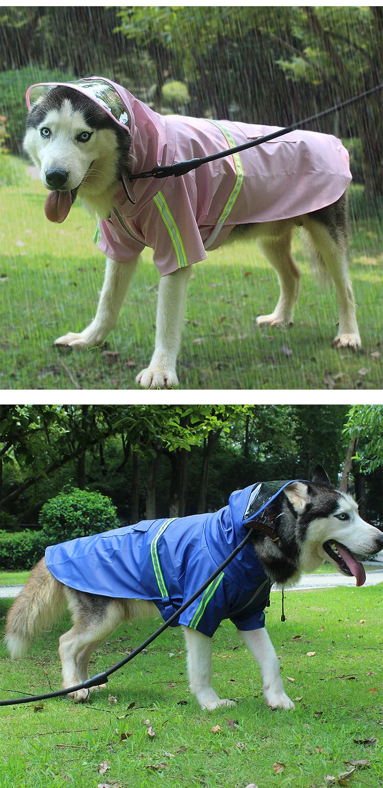

Pet Dog Raincoat Reflective Waterproof Zipper PSM Clothes High Neck Hooded Jumpsuit For Big Dogs Overalls Rain PU Cloak Labrador
