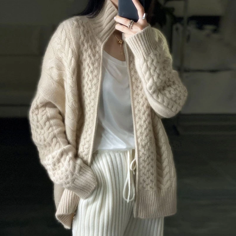

European Stylish Autumn And Winter Thick High-necked Cashmere Knitted Cardigan Woman Loose Thin Zipper Sweater Coat Wool Coat