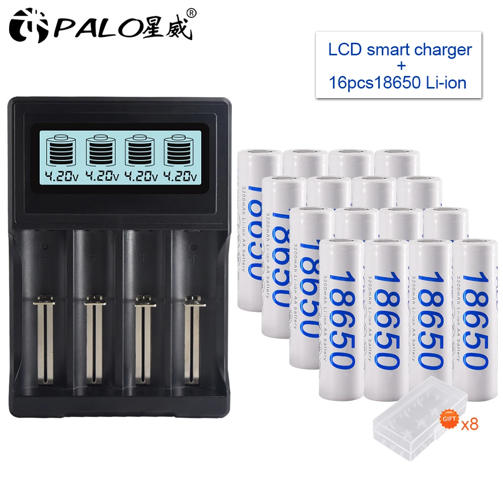 PALO 16-30 шт 18650 литий-ионный аккумулятор 3,7 V 3200mAh для аккумуляторов фонарика+ коробка для хранения - Цвет: 16pcs and charger